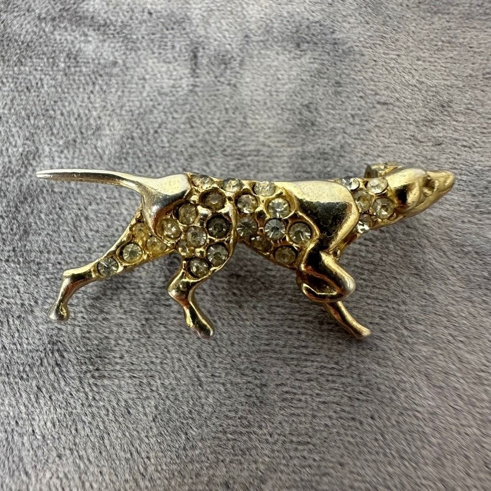 Vintage Gold Tone Rhinestone Running Pointer Dog Brooch Hunting‎ Lapel Pin